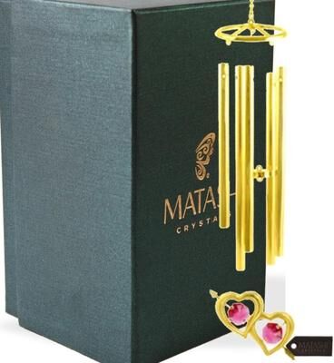 24K Gold Plated Crystal Studded Double Heart With Arrow Wind Chime by Matashi