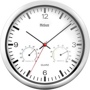 Mebus Wanduhr 56730, Kunststoff, analog, Quarzuhr, Ø 25 cm, silber, mit Thermometer & Hygrometer