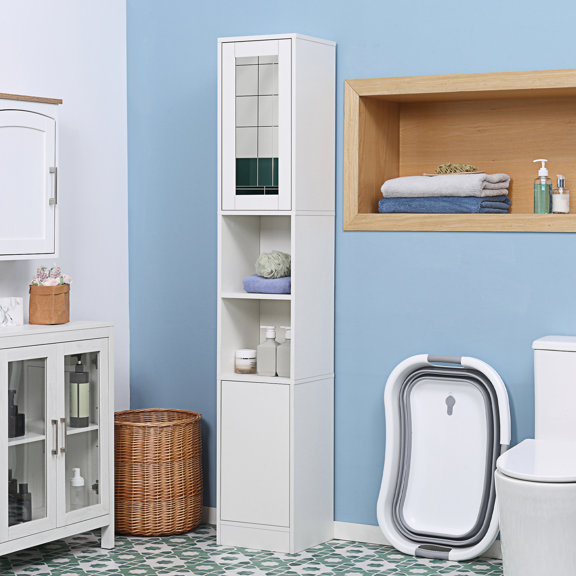 Kleankin Colonna Bagno Salvaspazio in Legno con Specchio e Apertura a Pressione, 30x28x170cm, Bianco Aosom