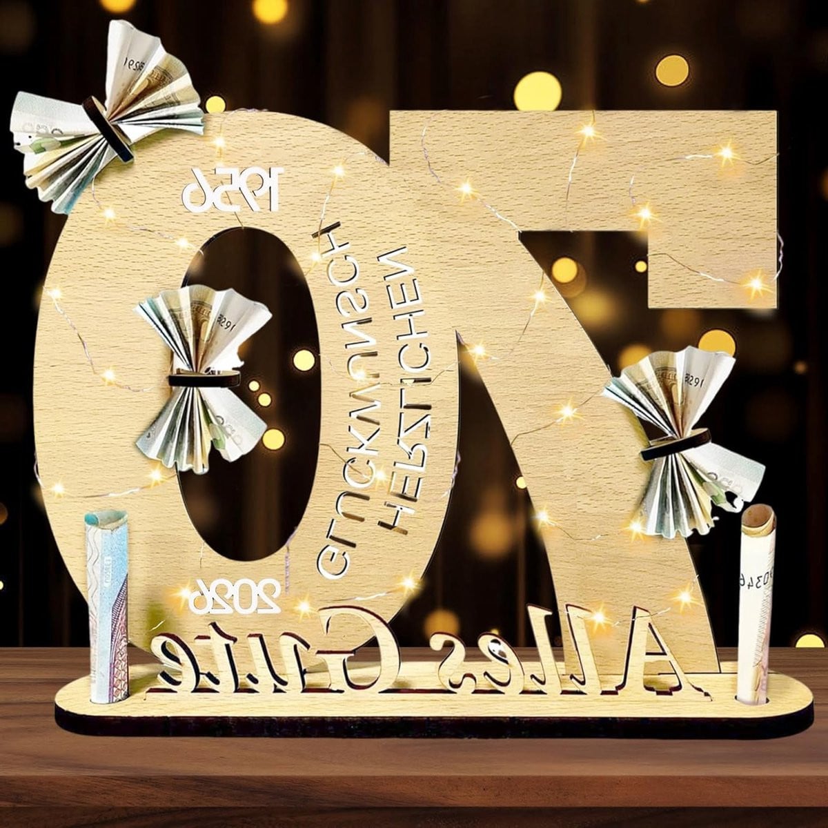 Persoonlijk houten gastenboek en geldcadeau bord voor een 70e verjaardag