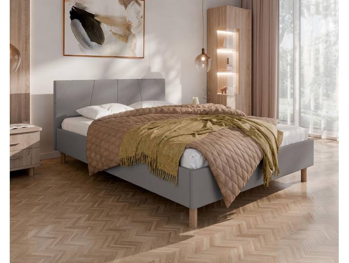 ALMORE Polsterbett – minimalistisches Design, Holzbett auf Füßen Federkernmatratze