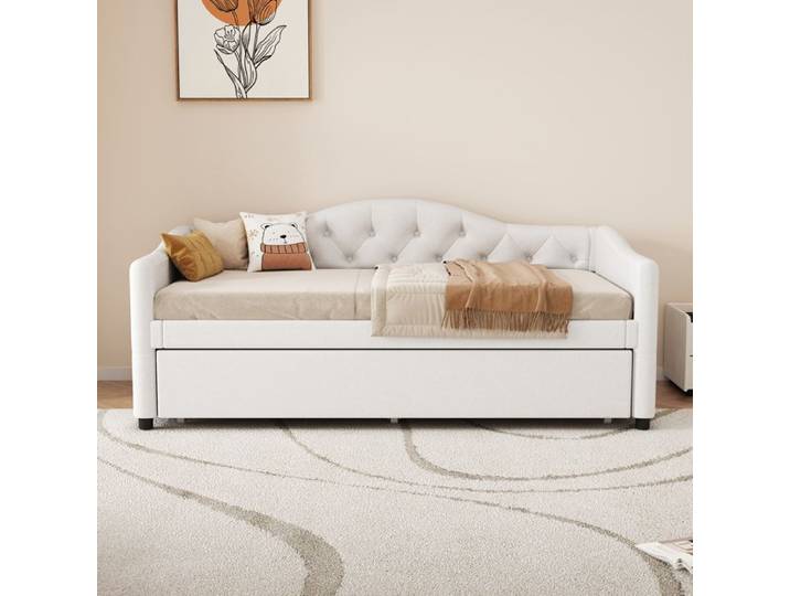 Lit Banquette 90x200 avec Lit Gigogne Canapé Lit Simple en Lin Beige Style Minimaliste