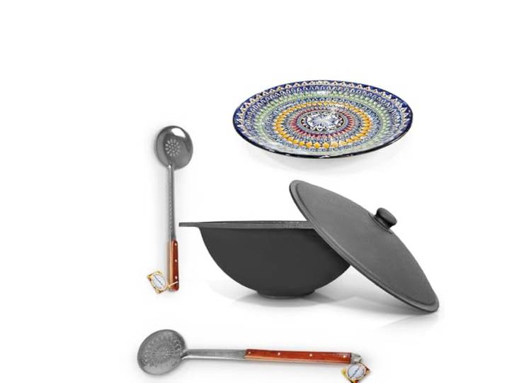 ZARENHOFF Set - Kasan Usbekisch Gusseisen 22 L flacher Boden, Deckel, Schaumlöffel 64 cm, Schaumlöffel 48 cm, Lagan Ø 42 cm Camping Kasan Gulaschkanone (Set - 633)