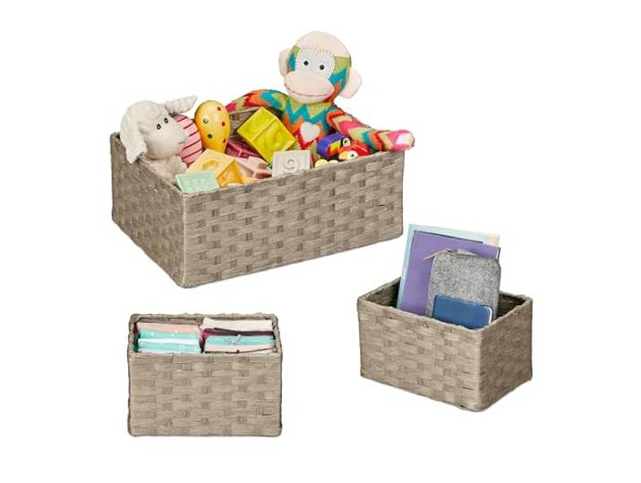 Relaxdays 3 paniers de rangement\, 2 tailles différentes\, pour l’armoire ou l’étagère\, design tressé\, gris
