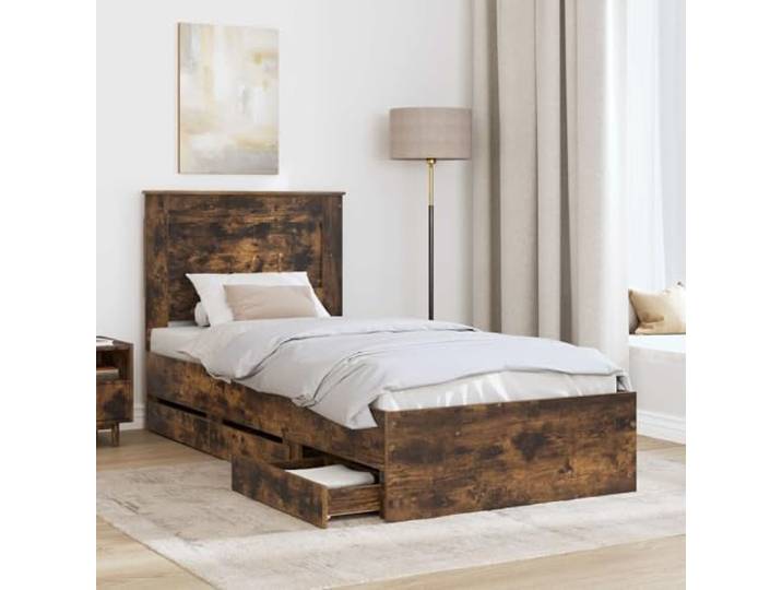 SKTQYQO Bett mit Schubladen Eiche Rauchgrau 75 x 190 cm Technisches Holz, 6 versteckte Schubladen, integriertes Kopfteil, Lattenrost