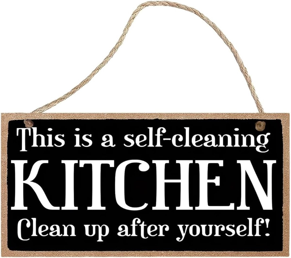 Houten Wanddecoratie Keuken met Grappige Quote Dit is een zelfreinigende keuken