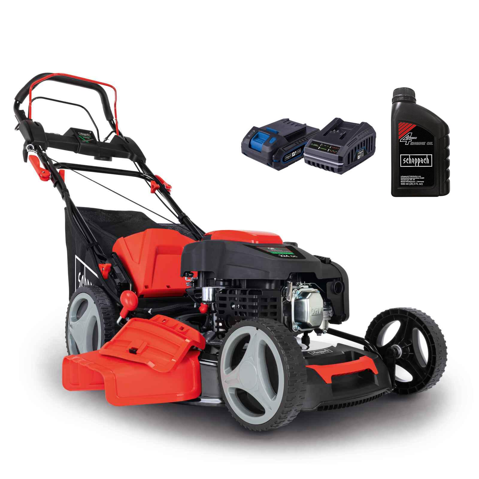 Scheppach Benzin Rasenmäher MS225-53E - E-Start | Radantrieb | 6PS | 53cm Schnittbreite | 65L Fangkorb | inkl. Motoröl + 2Ah Akku + 2,4A Ladegerät