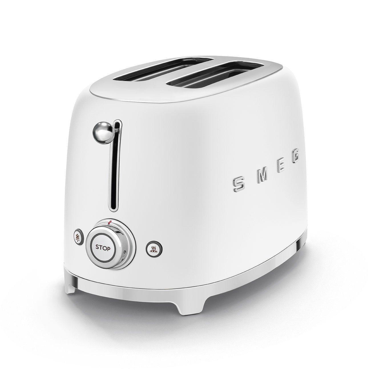 SMEG Edelstahl Toaster 2 Scheiben 6 Modi, Hochglanz, Auftaufunkton, 2 kurze Schlitze, für 2 Scheiben, 950,00 W, Auftauen, Rösten, Stopp - Weiß