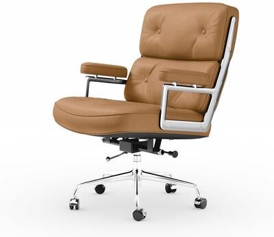 Furgle Black Genuine Leather Mid-Back Executive Office Chair With Aluminum Alloy Frame