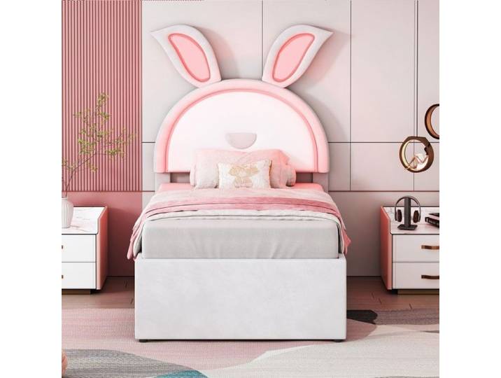 O.Ye Lit Enfant Lit Rembourré 90x200cm Velours Canapé-lit Multifonction Gigogne Tiroir Rangement Led Couleur Beige (sans Matelas)