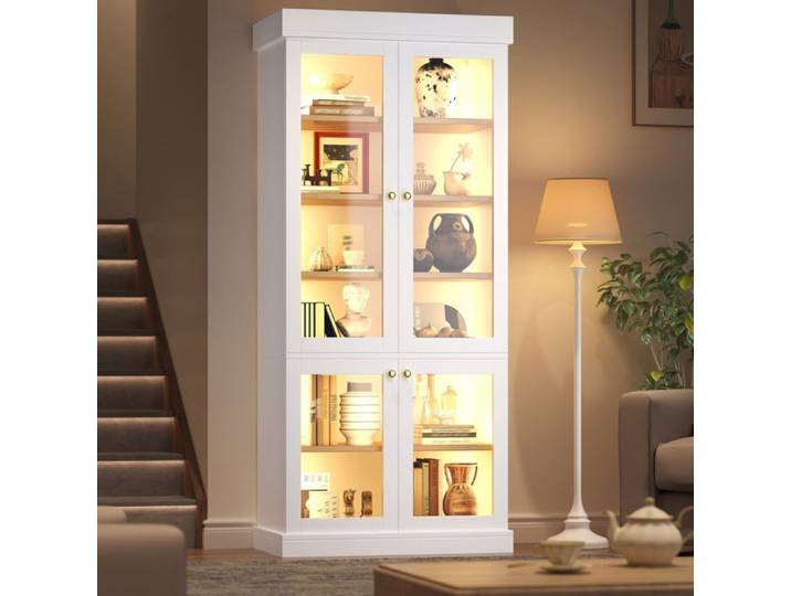 Modenuit Vitrine haute 80x40x180 cm avec LED portes vitrées MDF et métal blanc