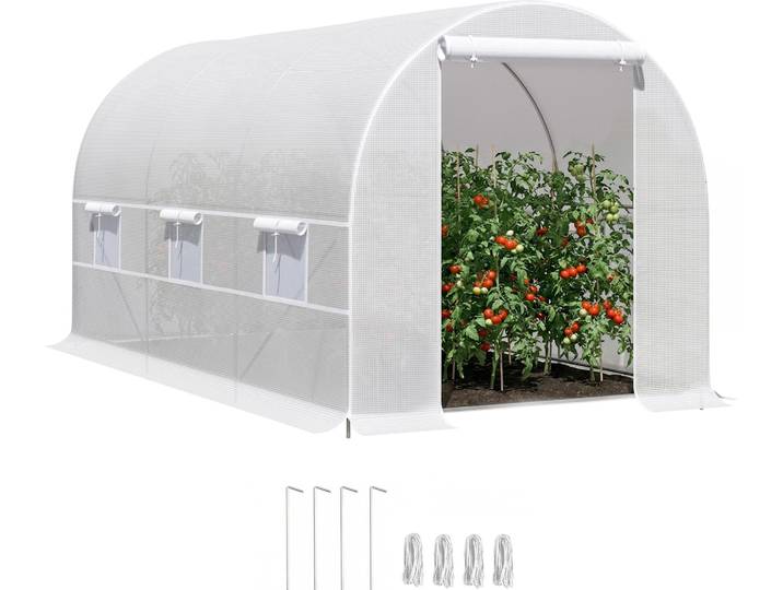 Outsunny Serre tunnel de jardin 8m?\, serre de jardin tunnel 400x200x200cm avec porte et 6 fenšºtres\, pour extšŠrieur\, toutes saisons\, lšŠgumes\, fruits\, fleurs\, b?che PE haute densitšŠ 140 g/m? blanc
