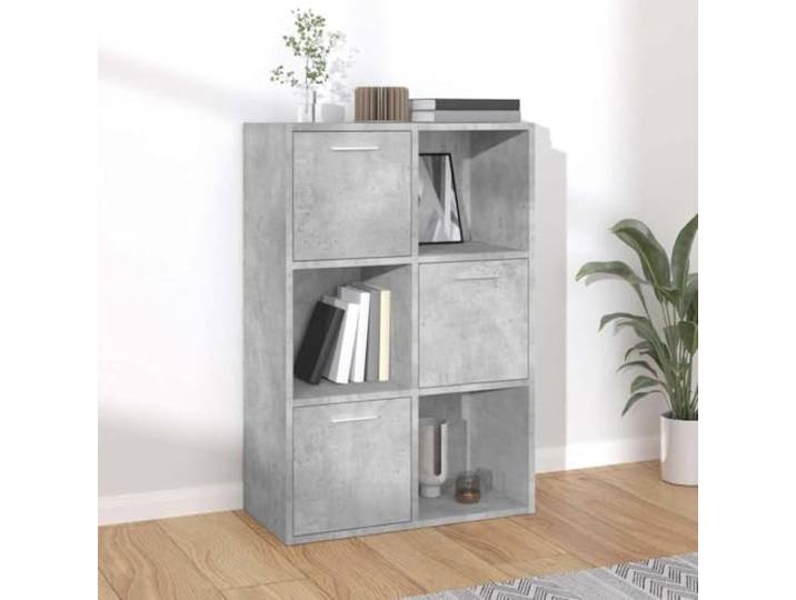 HMDNGOUT Lagerschrank Betongrau 60x29,5x90 cm Holzwerkstoff 6 Fächer, 3 offene Würfel, 3 Würfel mit Türen, Schraubensatz, Montageanleitung