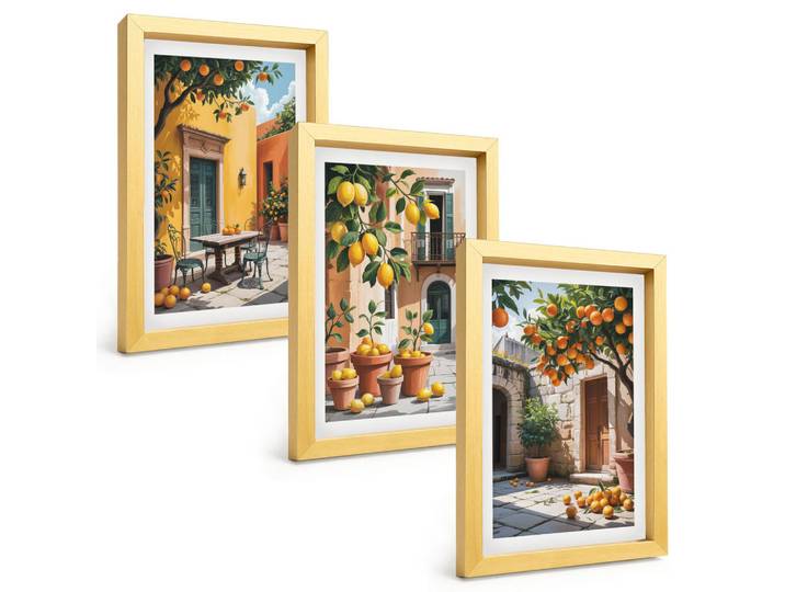 Tulup Bilder SET 3er Set - 20x30 cm Goldrahmen - Zitrusfrüchte im Garten, Goldfarben, Kunststoff, Rechteckig, 20x30 cm, Fotografie, Bilder & Rahmen, Bilder