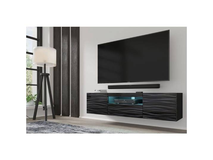 Meuble TV AURA 150 cm 3D noir satiné frezé + LED