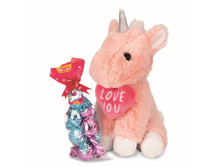 Fizzy Inokuchi Peluche Licorne rose + 100 g de chocolats