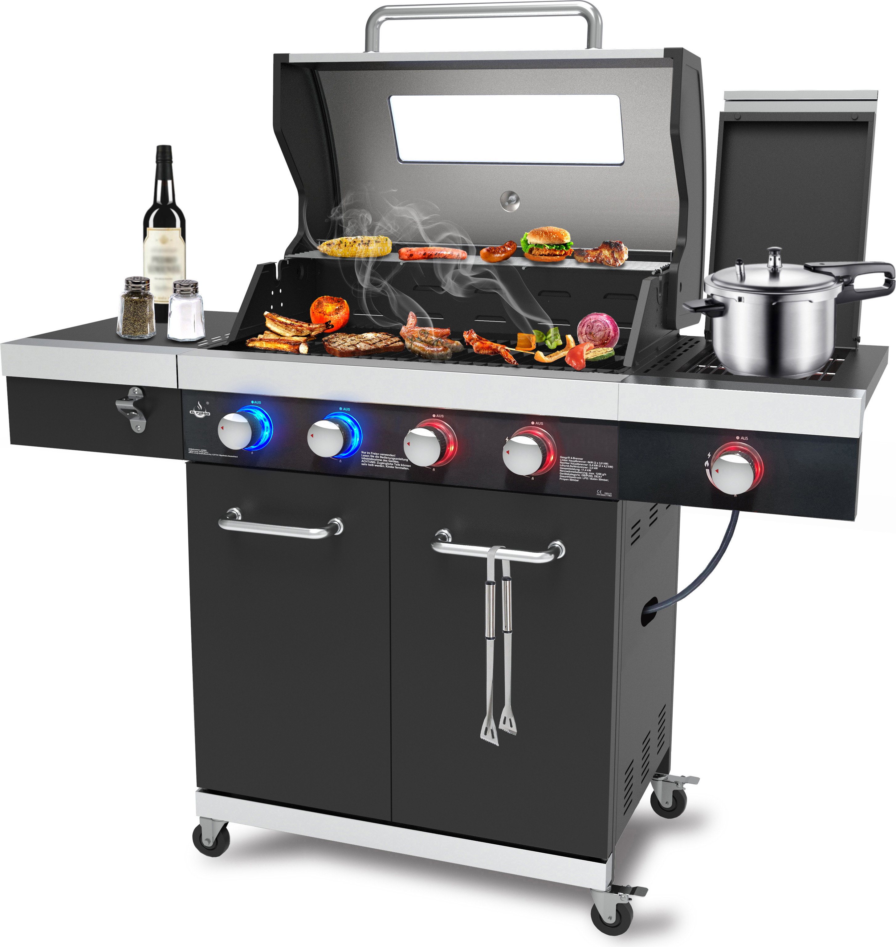 El Fuego Gasgrill ''KINGSTON'' 4 + 1 Brenner, Infrarotbrenner, 2 Hochleistungsbrenner, LED-Beleuchtung, mit Sichtfenster, inkl. Abdeckhaube
