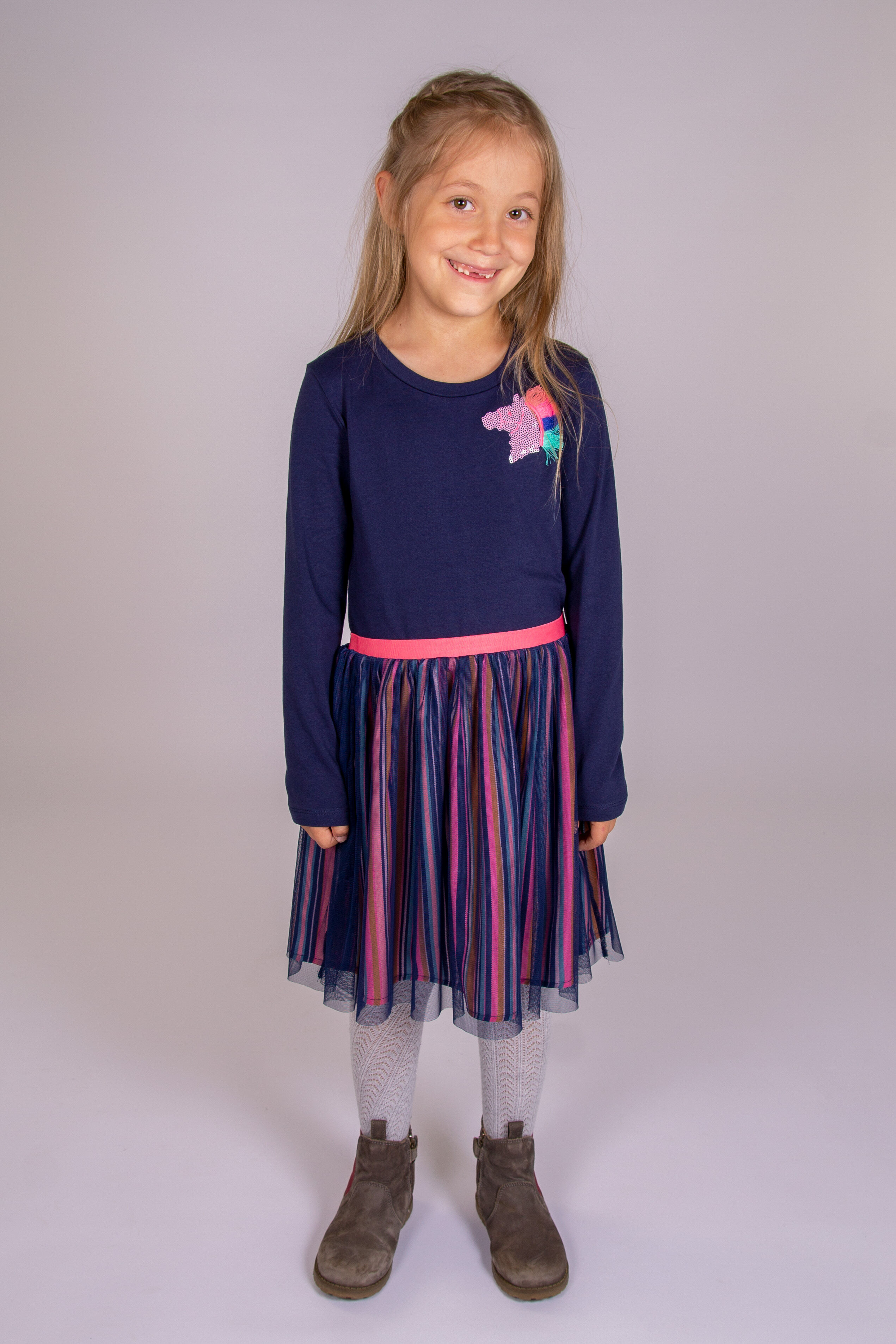 Jerseykleid HAPPY GIRLS, Mädchen, Gr. 98, N-Gr, Langarm, Jersey, blau (navy), Jersey, Obermaterial: 95% Baumwolle, 5% Elasthan. Futter: 100% Polyester. Unterteil: 100% Polyester, gestreift, kontrastfarbene Details, unifarben, figurbetont kniebedeckend, Ru
