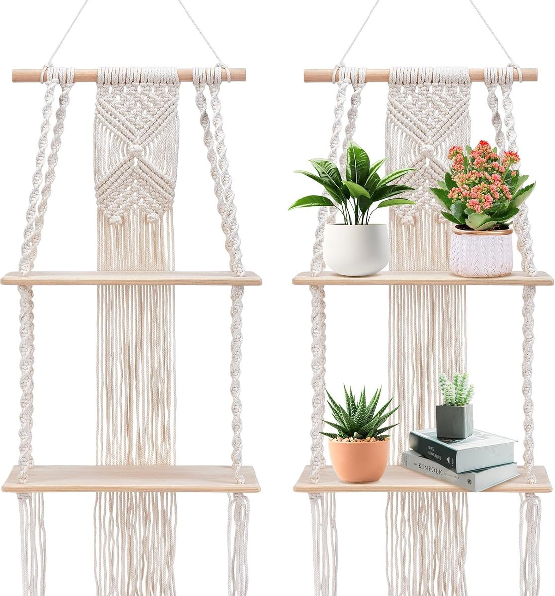 SnelShoppen Set van 4 Macramé Wandplanken - Handgemaakte Boho Hangende Wandplanken met 2 Niveaus voor Planten en Decoratie