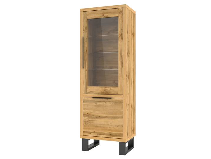 Masseno Vitrinenschrank HALENZA 190 x 64 cm Modern Wohnzimmer Vitrine mit Tür Eiche Wotan / Eiche Wotan