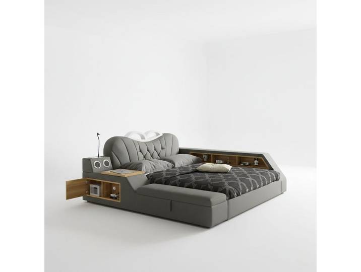 JVmoebel Multimediabett Multifunktionales Bett Moderner Stil Grau Holzrahmen Entspannend (2-tlg)