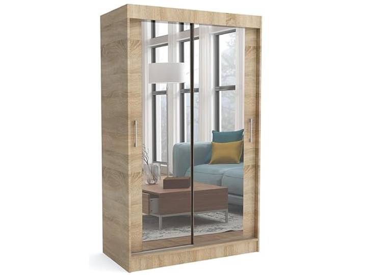 Brent - Kleiderschrank mit Schiebetüren Windsor David I 100x200x60 cm I mit Spiegel, Stangen und Einlegeböden für Kleidung I Laminierte Spanplatte I Aluminiumschienen I Eiche Sonoma