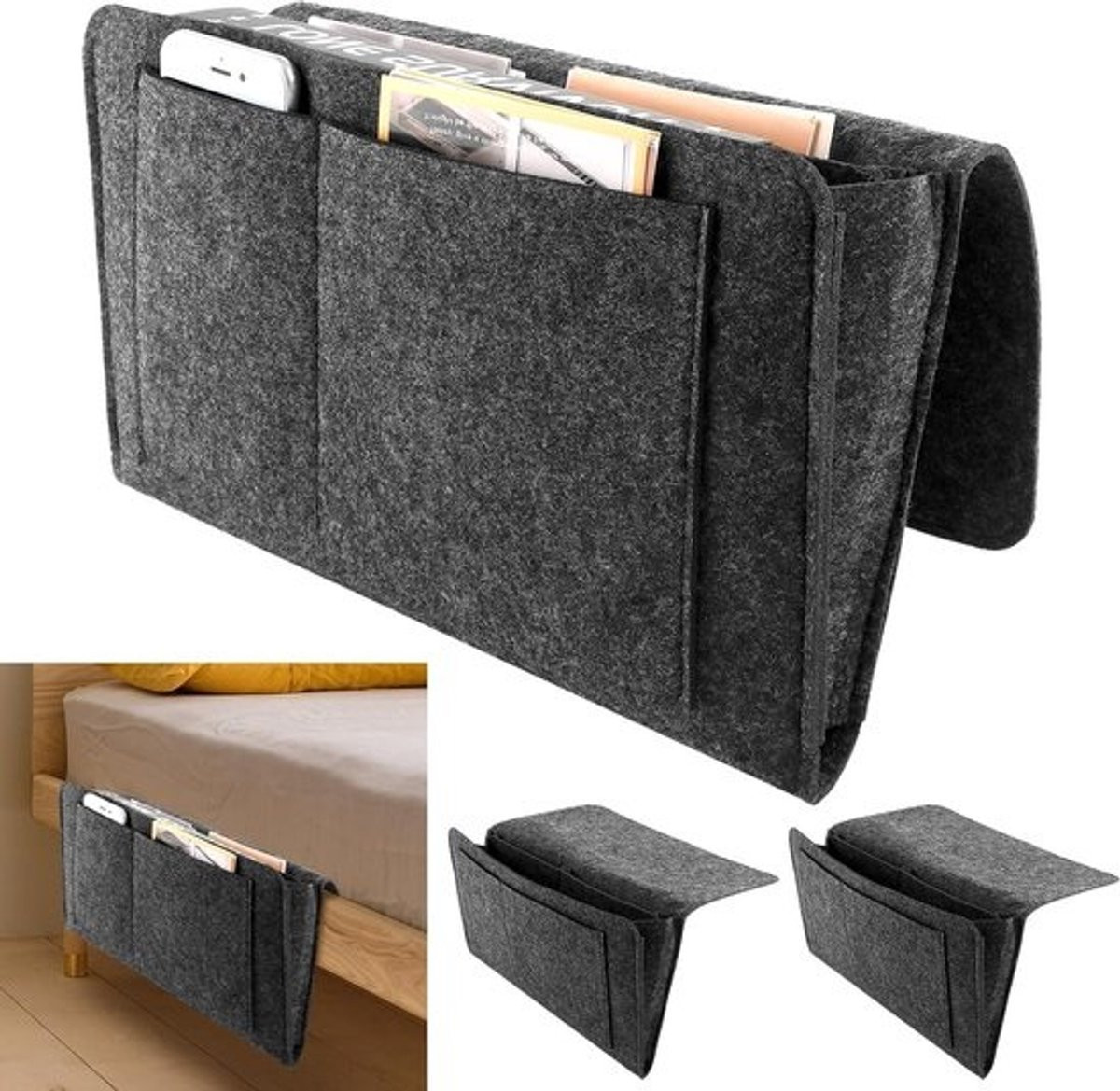 3-delige hangende bed organizer van vilt met 5 compartimenten, donkergrijs
