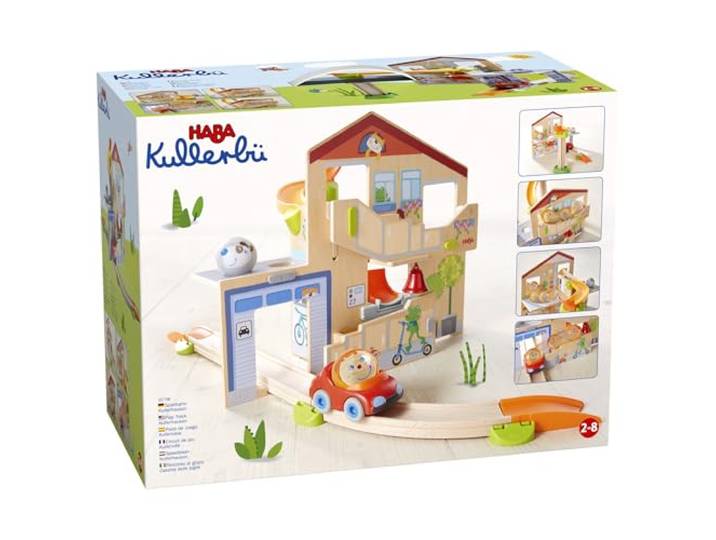 HABA Kullerbü – Spielbahn Kullerhausen – Kugelbahn ab 2 Jahren mit Glöckchenhaus & Cabrio – 17-teiliges Holzspielzeug-Starterset zur Motorikförderung – Erweiterbar – 1307198001
