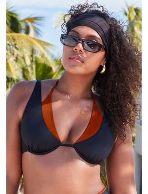 Plus Size Women's Underwire Shimmer Peekaboo Bikini Top by Swimsuits For All in Black Cinnamon Shimmer (Size 14)