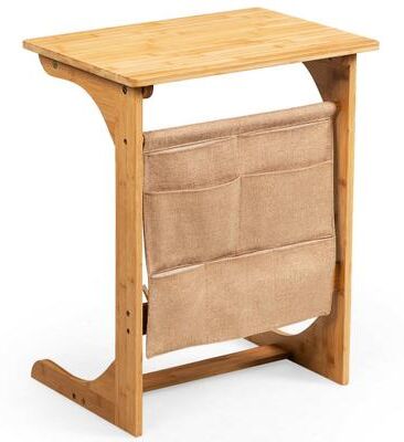 Costway Bamboo Sofa Table End Table Bedside Table with Storage Bag