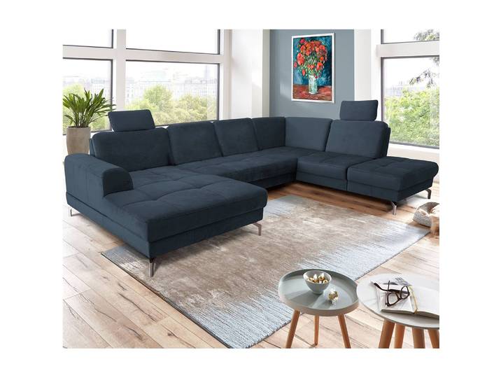 Wohnlandschaft Lascaux Blau Samt Ravi 332 x 87 x 227cm Longchair davorstehend links / Ottomane rechts Modern