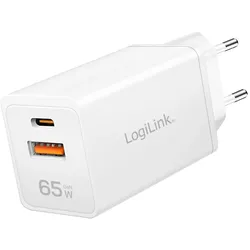 LogiLink Dual-USB Steckdosenadapter, 65 W, GaN, 1x USB-C PD, 1x USB-A QC, Weiß