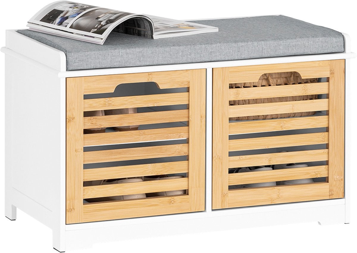 SoBuy FSR23-II-WN Schoenenbank voor de entree met gevoerd kussen, 2 deuren en 4 vakken, wit/ecru, B/D/H: 71 x 35 x 43 cm