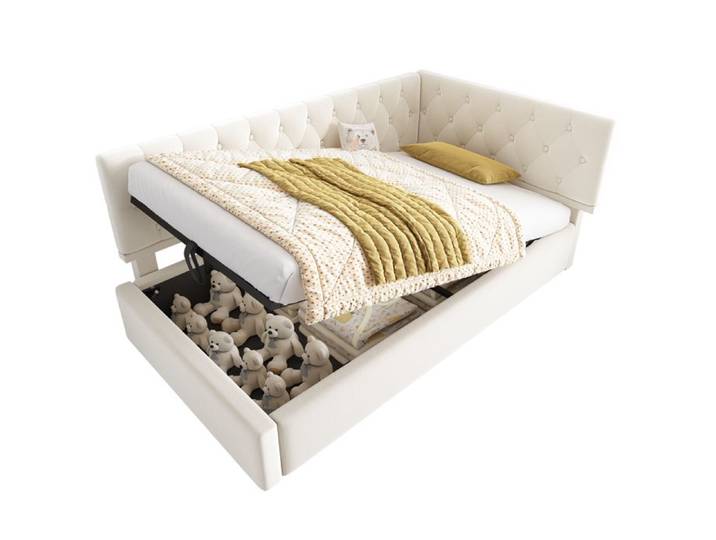 Lit Coffre 90x190 Cm Lit Simple Enfant Ouverture Hydraulique Velours Cadre Beige