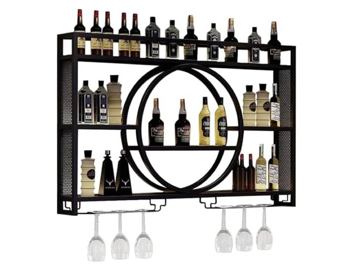 Modernes Weinregal zur Wandmontage mit LED-Licht mit Weinglashalter, Eisenstange, Likörregal, schwebende Wand-Weinregale, Bar, Likörflaschen, Ausstellungsregal für Küche, Bar, Dekoration, Gold/Schwarz