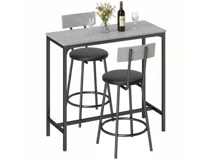 HOMCOM Bartisch mit Barhocker Set Platzsparend Grau Tresentisch, 2 Gepolsterte Hocker mit Fußstütze, Moderner Esstisch, für Esszimmer, Kleinen Raum