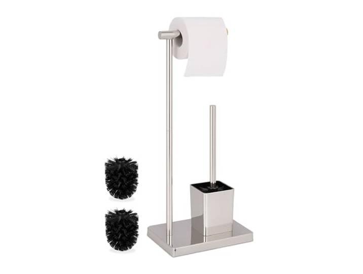 Relaxdays Serviteur WC\, HxLxP : 66\,5x23x18 cm\, Support Papier Toilettes\, Brosse et Porte-Brosse\, Acier Inoxydable