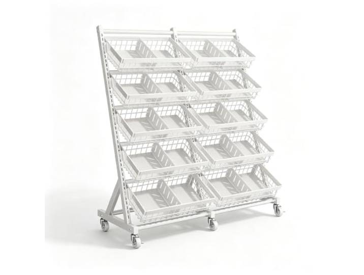 XINMAIZI 96 cm breiter Snack-Regalständer mit Rollen, Metall-Verkaufsregal Freistehender Chips-Regal-Präsentationsständer für Supermärkte, Kioske, Küchen, Vorratskammern(10 baskets)