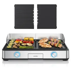 Arendo Tischgrill, Gourmet Edelstahl Elektrogrill, 2 Grillzonen, elektrisch, Spritzschutz, schwarz