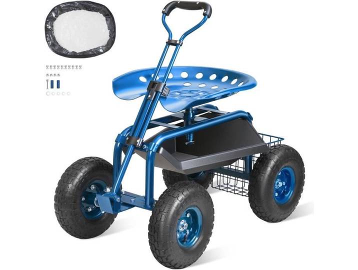 Siège de jardin roulant - VEVOR - TC4501S-BL - Poignée extensible - Siège réglable et rotatif - Capacité 136 kg
