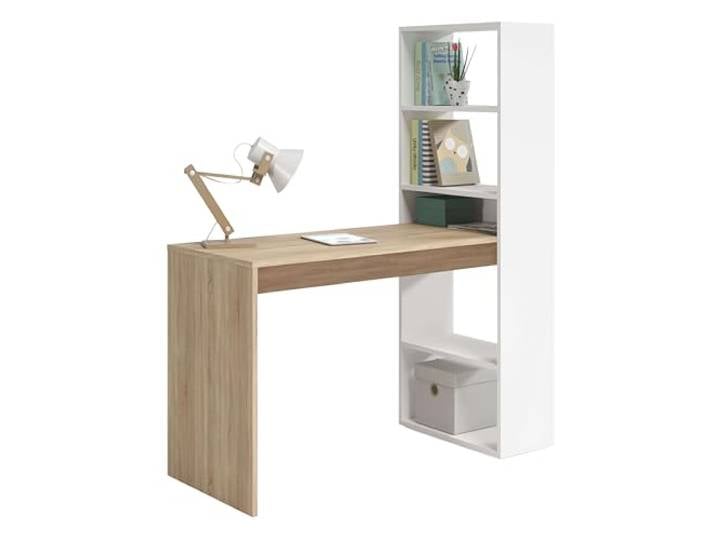 LOUNGITUDE - Bureau d'ordinateur avec étagère réversible\, Mélamine Haute résistance\, Blanc et chêne Canadien\,