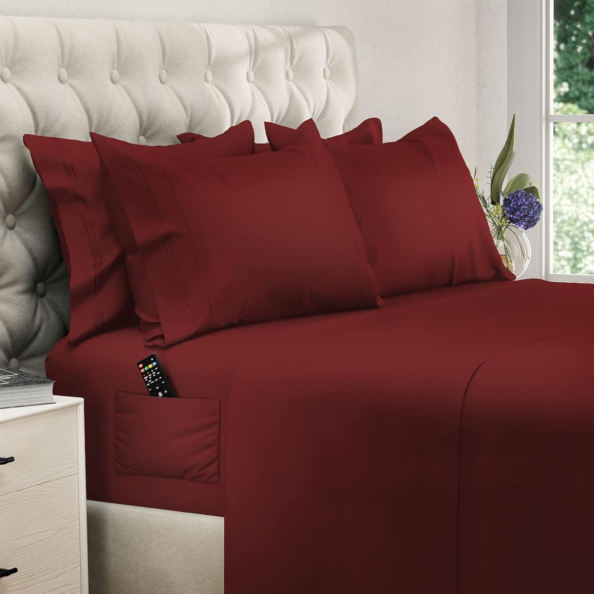 6-delige Lakenset Kingsize Bordeaux - Beddengoed set met extra diepe hoeslakens