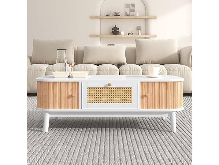 Merax Couchtisch Rattan Kaffeetisch mit Schubladen und Schiebetüren - Natürlicher Landhausstil 110 L x 55 B x38,5 H(cm) (Weiß)