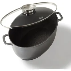 Stoneline Gourmet Bräter, oval, 38,8 x 26,3 cm, 8 L, mit Aroma-Glasdeckel zur dosierten Zugabe von Flüssigkeiten, Aluguss Bräter Induktion und backofengeeignet, Antihaftbeschichtung mit echten