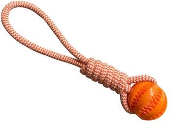 Uplifted Goods Interactive Rubber Dog Treat Ball With Rope orange
