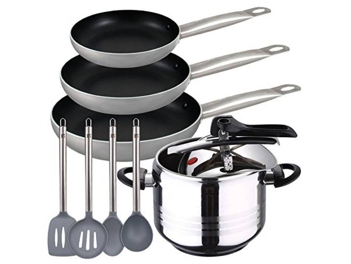 San Ignacio Duna Premium Express Topf 7 Liter + Set 3 Pfannen + Küchenutensilien, Edelstahl, verchromt