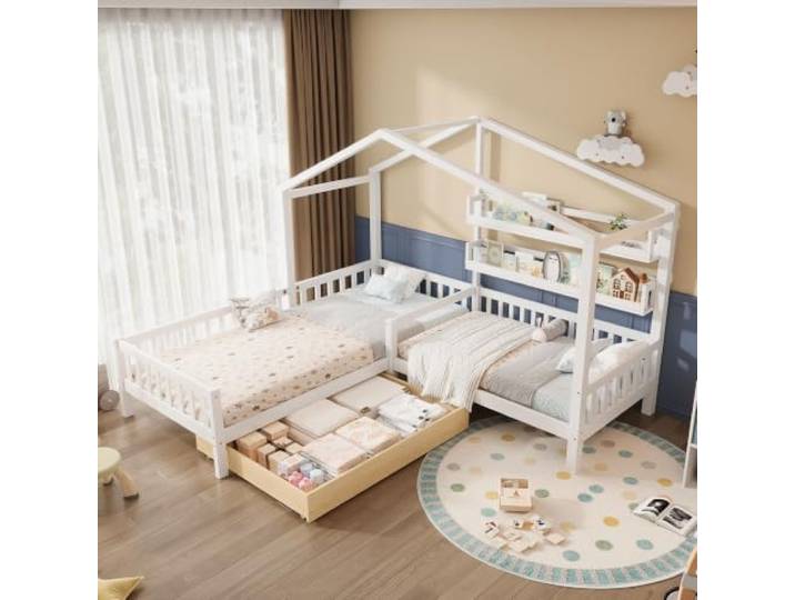 Merax Hausbett mit Schubladen und Regalen, Kinderbett 90x200 cm and 140x70cm, Massivholz Bettgestell mit Zaun und Lattenrost, L-Struktur, Baumhausbett für 2 Kinder Doppelbett, Weiß