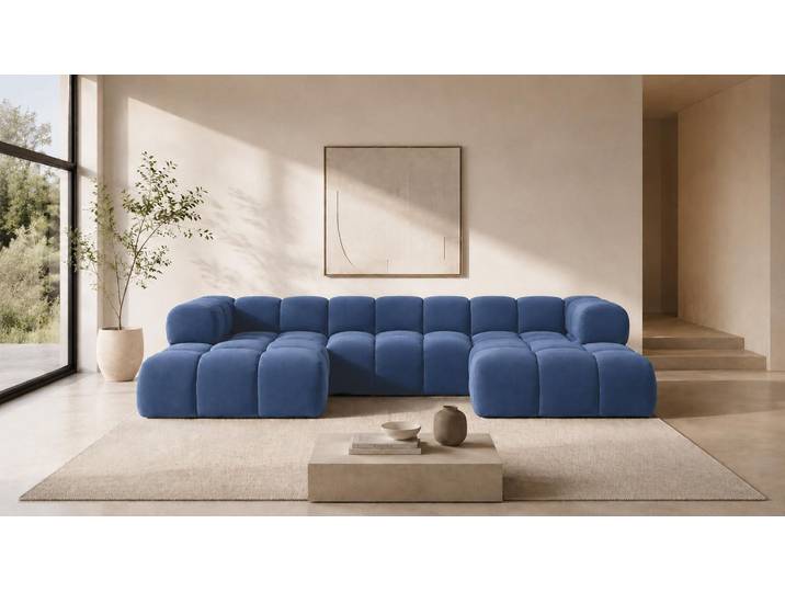 Kaiser Möbel Ecksofa U-Form, Veloursstoff Bluvel, Tintenblau, Averro U