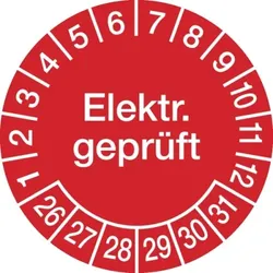 König Werbeanlagen Prüfplakette ab 26, Elektr. geprüft ab 26, rot/weiß, Ø 20/30 mm - Bogen = 10 Plaketten - 30 mm Folie selbstklebend