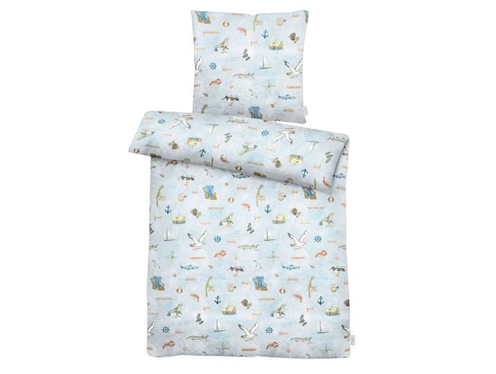 Bettwäsche APELT Kyst , blau, B/L: 135cm x 200cm, 1 Stk., 1 Stk., Satin (Bio-Baumwolle), B/L: 80cm x 80cm, Satin (Bio-Baumwolle), Obermaterial: 100% Baumwolle, Bettwäsche, Bettwäsche, nordisches Strandmotiv
